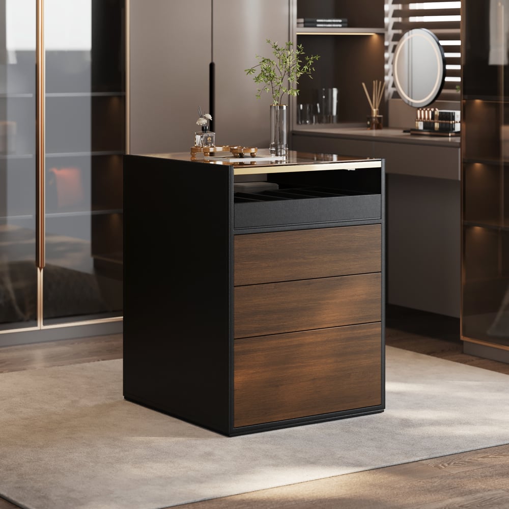 Saddle Leather 7-Dresser Walk-In Closet Island with Light & Jewelry Display window image