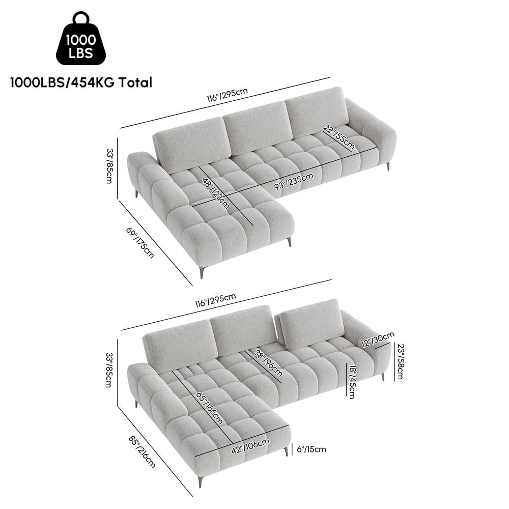 Chaise Chenille Adjustable Backrest Sectional Sofa weights dimensions image