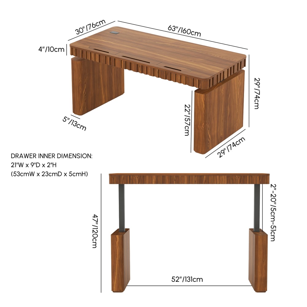 Aura 63" Walnut Fluted Electric Adjustable Standing Desk weights dimensions image