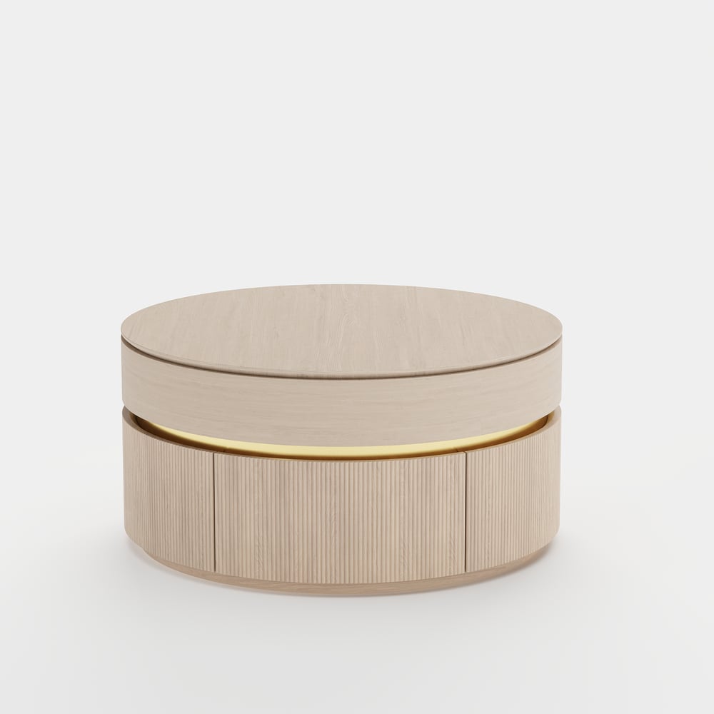 Table basse ronde à plateau relevable cannelé de 32 pouces avec 2 tiroirs image de fenêtre