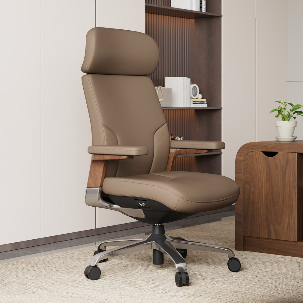Khaki Genuine Leather Swivel Office Chair with Ergonomic Synchro-Tilt Recline System window image