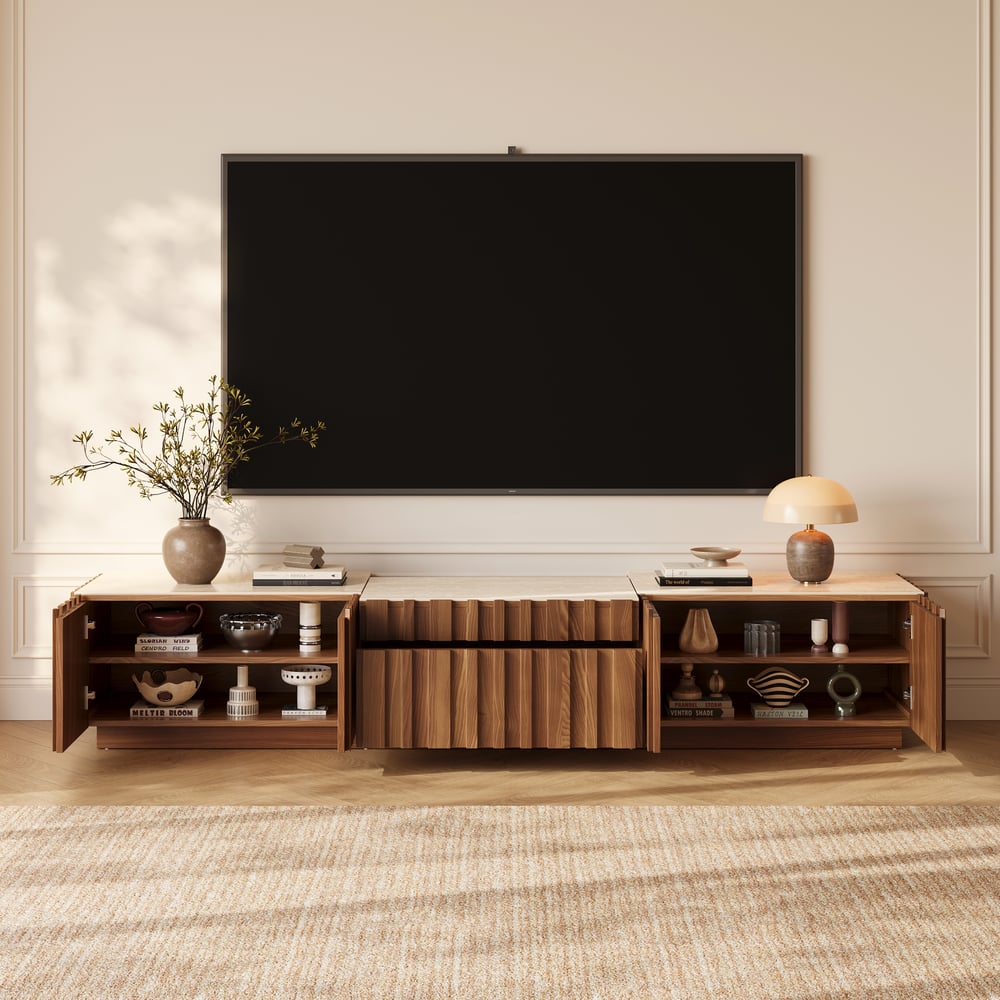 Aura 80" Ash Wood Fluted Walnut Projector TV Stand with Sintered Stone Top window image