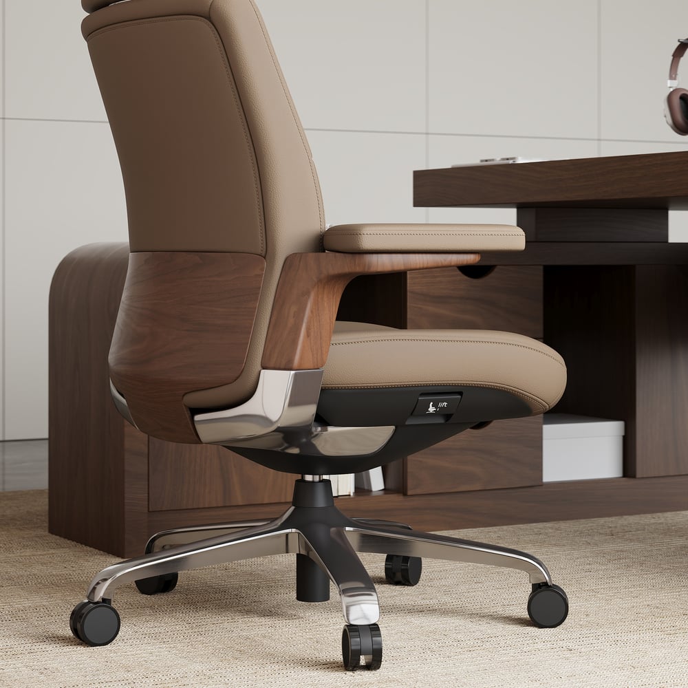 Khaki Genuine Leather Swivel Office Chair with Ergonomic Synchro-Tilt Recline System window image