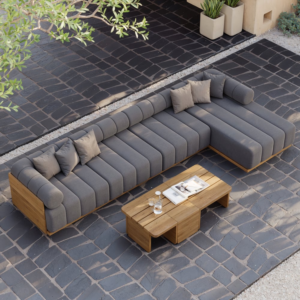 Ensemble de canapé modulaire d'extérieur 7 pièces Resaro en teck naturel avec dossier cannelé gris foncé image de fenêtre