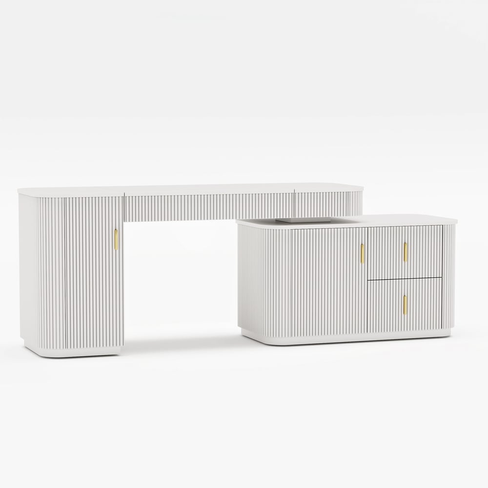 Velign 65" L-Shape White Executive Desk with Right-Side Cabinet window image