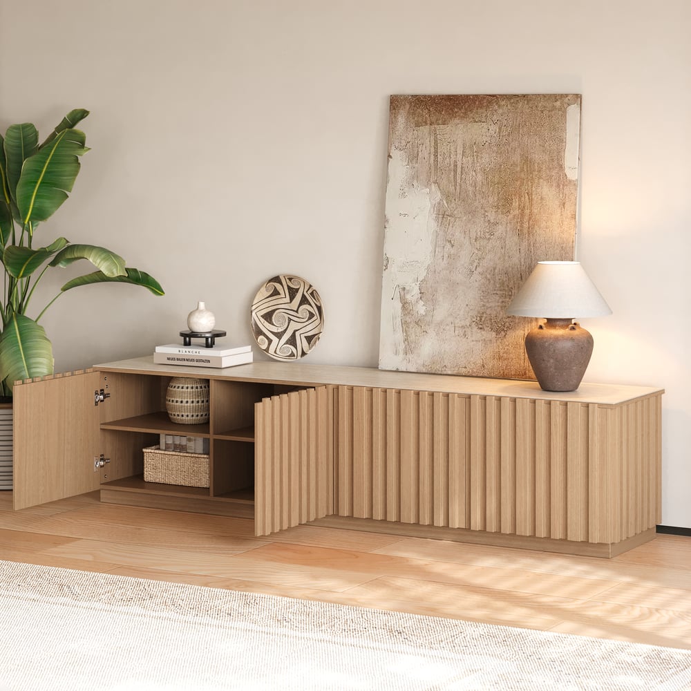 TV Lowboard Aura 213 cm in Grooved Ash in Natural with Sintered Stone Top window image