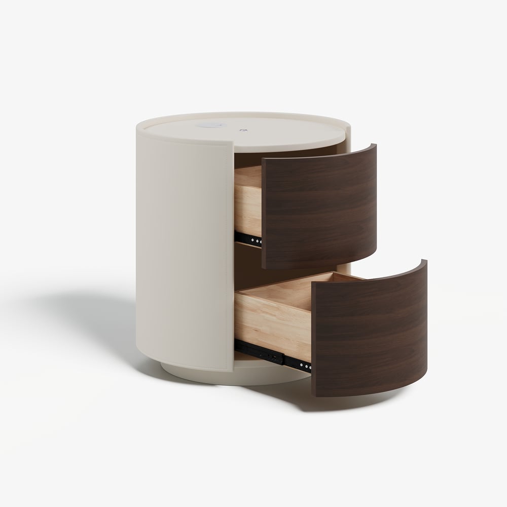 Modern Saddle Leather 2-Drawer Nightstand with Charging Station & Light window image