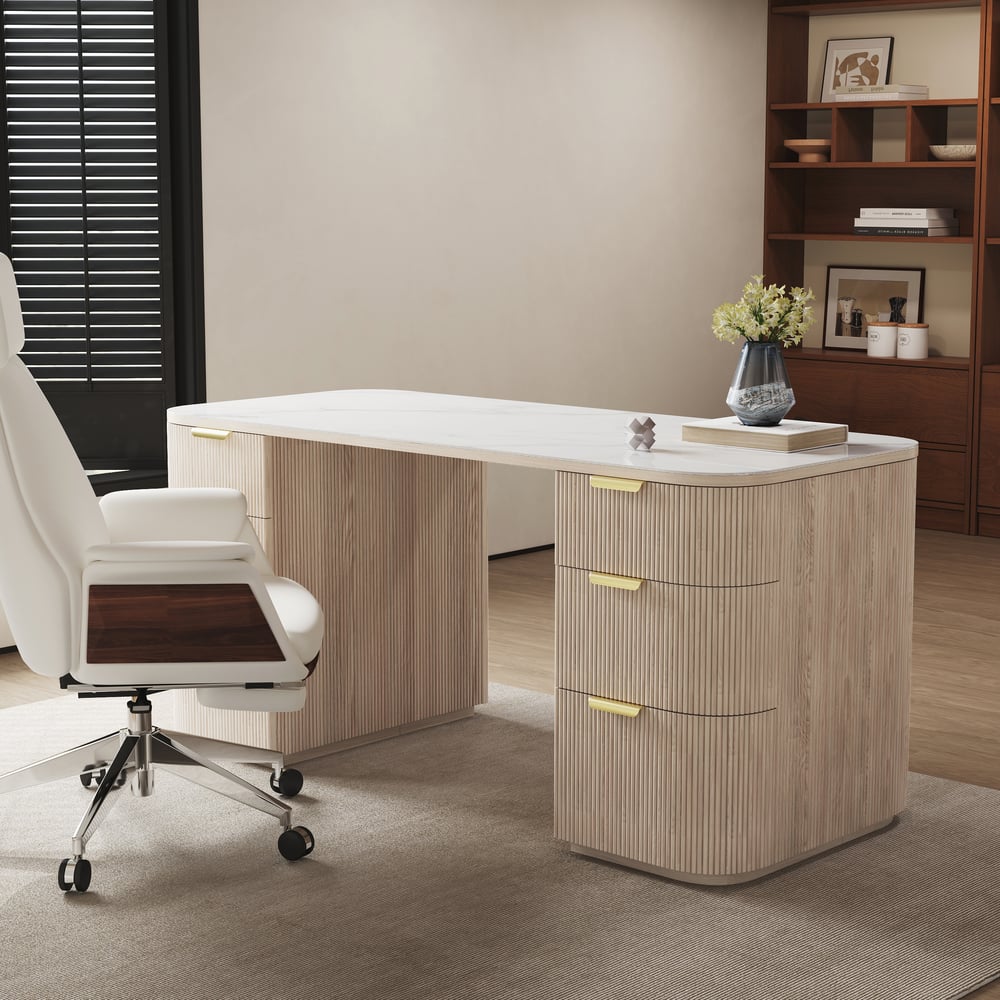 Modern Wash White Ash Wood & Sintered Stone Rectangle Desk with 6 Drawers (63.8") window image