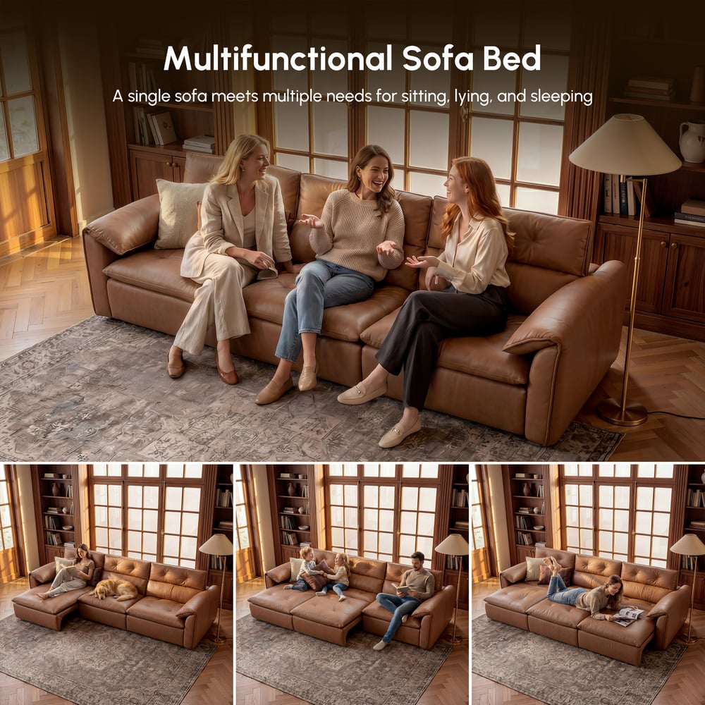 126" 3-Seater Genuine Leather Power Convertible Sleeper Sofa window image