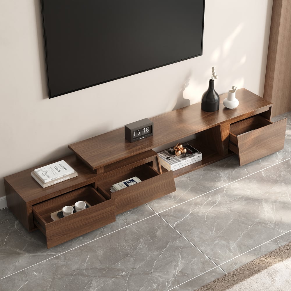 Ensemble meuble TV Fero en bois blanc et noyer, meuble TV extensible et table basse rectangulaire image de fenêtre