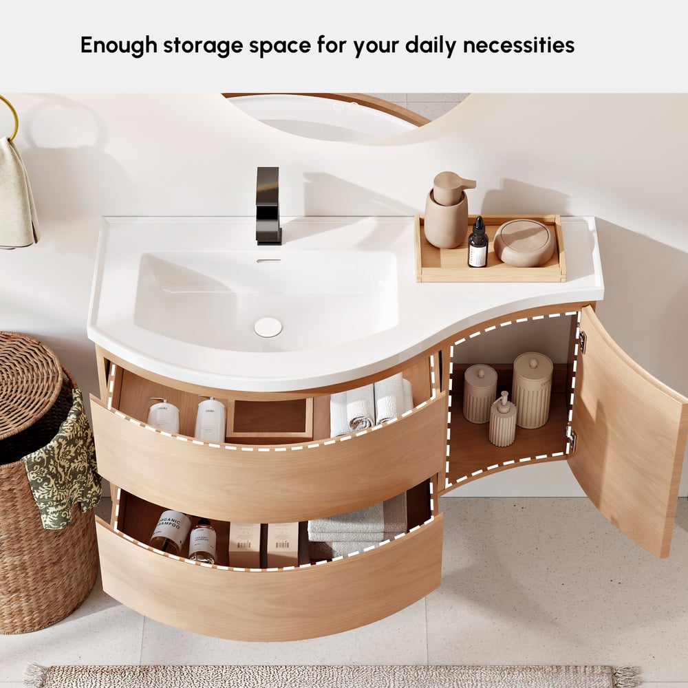 35" Floating Single Curved Bathroom Vanity with Sink & Storage window image