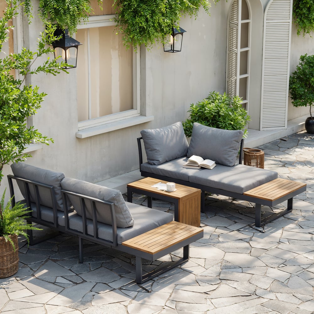 Ensemble de canapé modulaire d'extérieur Slatera en acacia et aluminium, gris foncé avec housse noire image de fenêtre