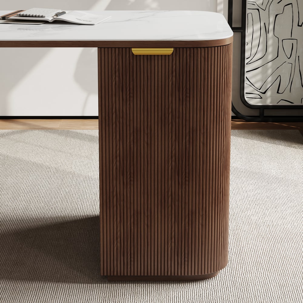 Bureau rectangulaire en noyer, frêne et pierre frittée avec 6 tiroirs (1620mm) image de fenêtre