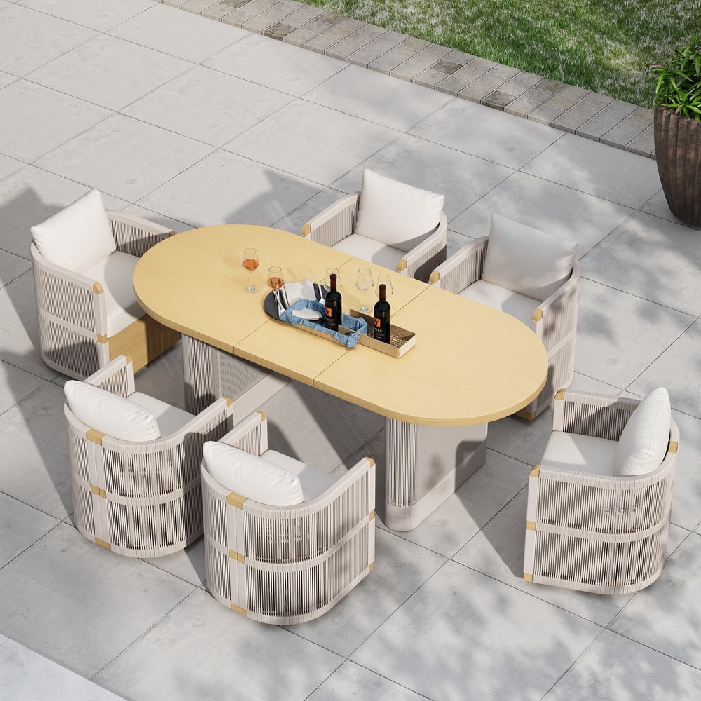 Costra  Outdoor Aluminum Extendable Dining Set with 6 Woven Swivel Armchairs in Ivory window image