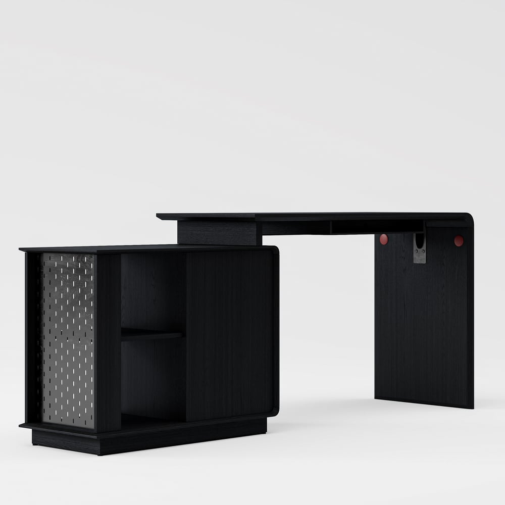 Modern 73" L-Shaped Black Rotating Desk with Keyboard Tray & Storage window image