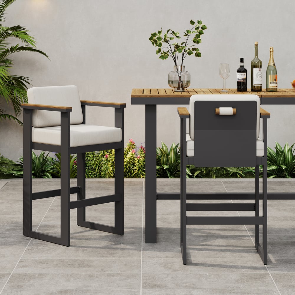Tevara Outdoor Aluminum Frame & Teak Wood Armrest Bar Stools in Warm White, Set of 2 window image