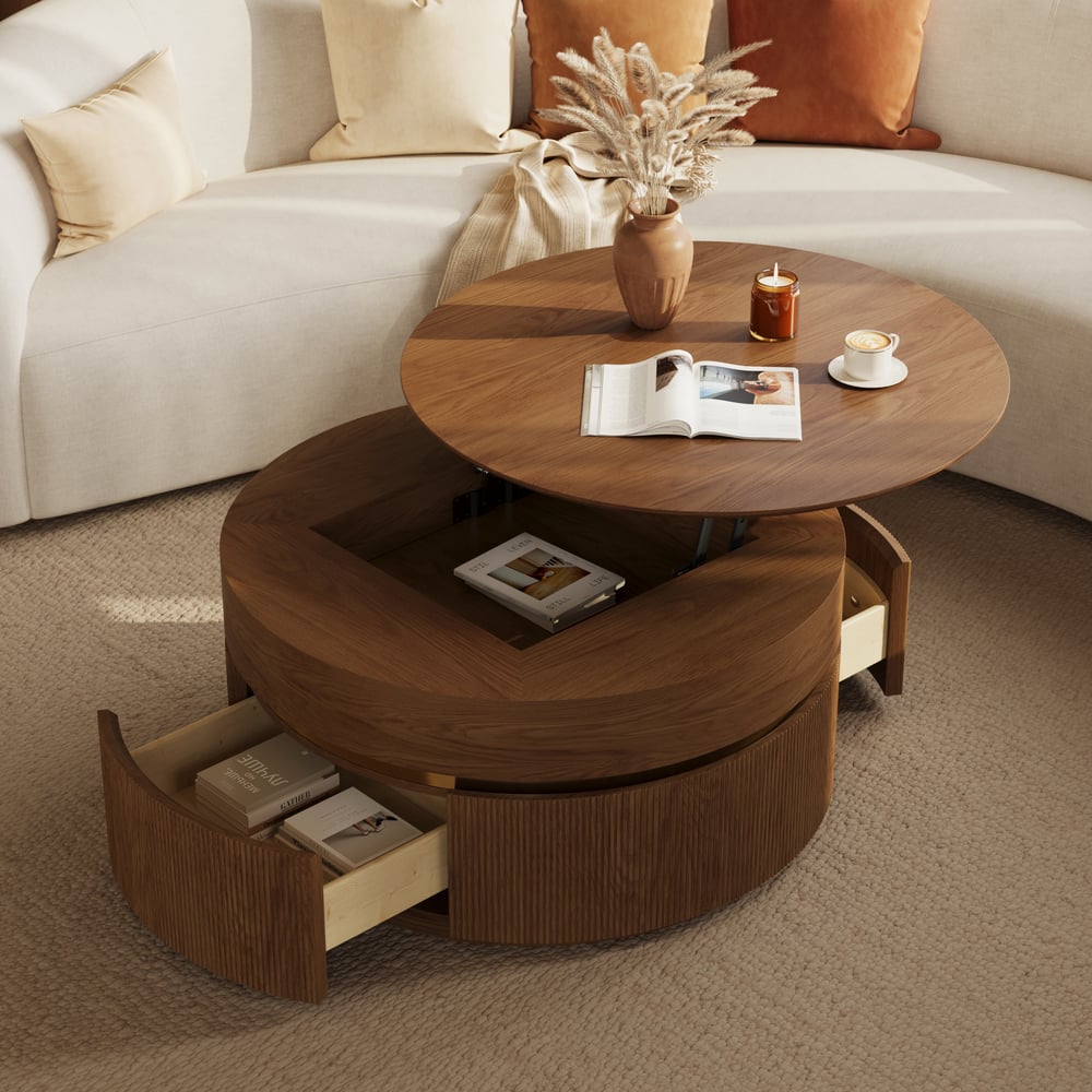 Table basse ronde en noyer à plateau relevable cannelé de 32 pouces avec 2 tiroirs image de fenêtre