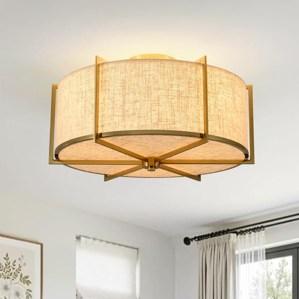 18" Linen Flush Mount Light in Gold Finish, 3-Light window image