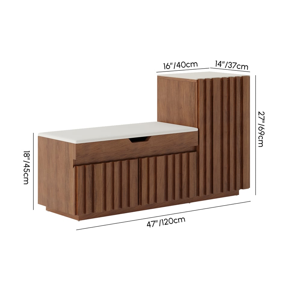 Banc de rangement à chaussures Aura 47" en bois de noyer avec armoire sur le côté droit pour entrée Poids, dimensions, image