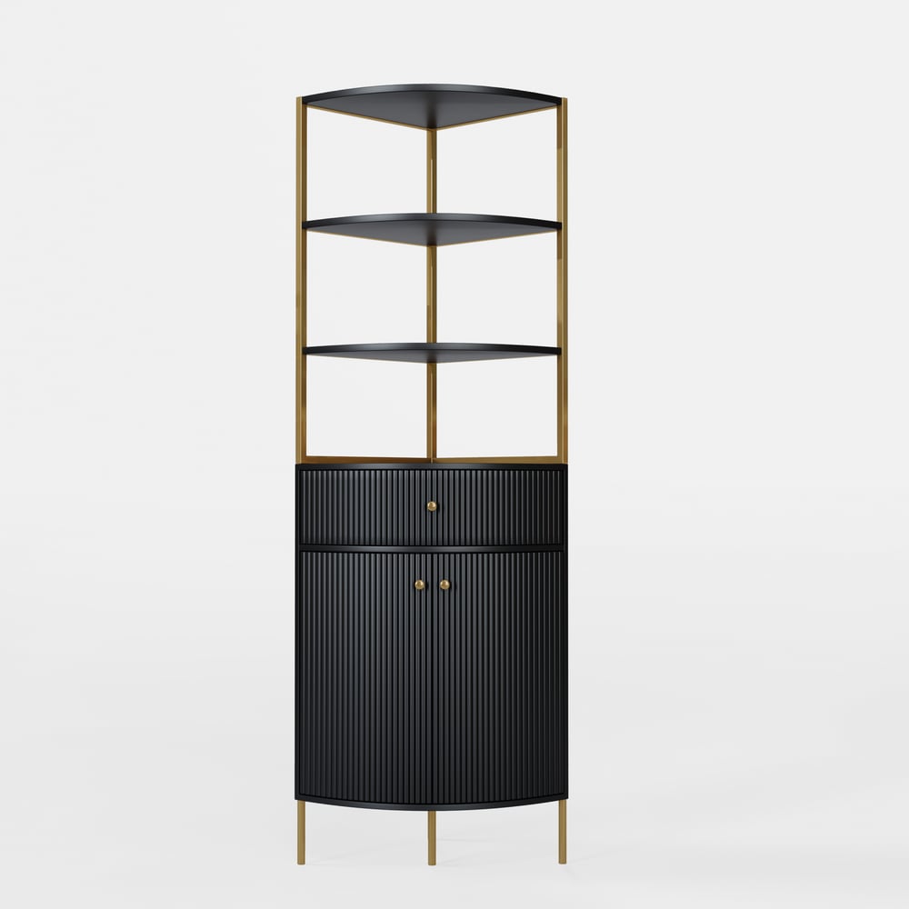 Modern 75" Black Corner Etagere Bookshelf with Drawer and 2-Door Cabinet window image