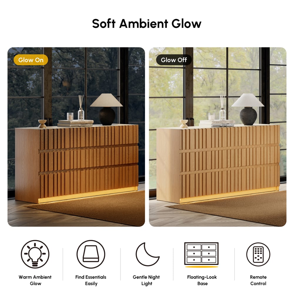 Aura 59" Natural Sintered Stone 6-Drawer Dresser with Lighting window image