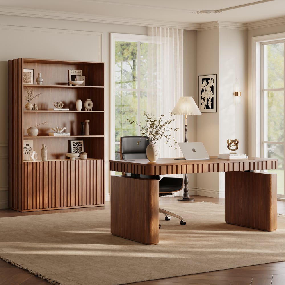 Aura 47” Ash Wood Fluted Walnut Bookcase With Sintered Stone Top window image