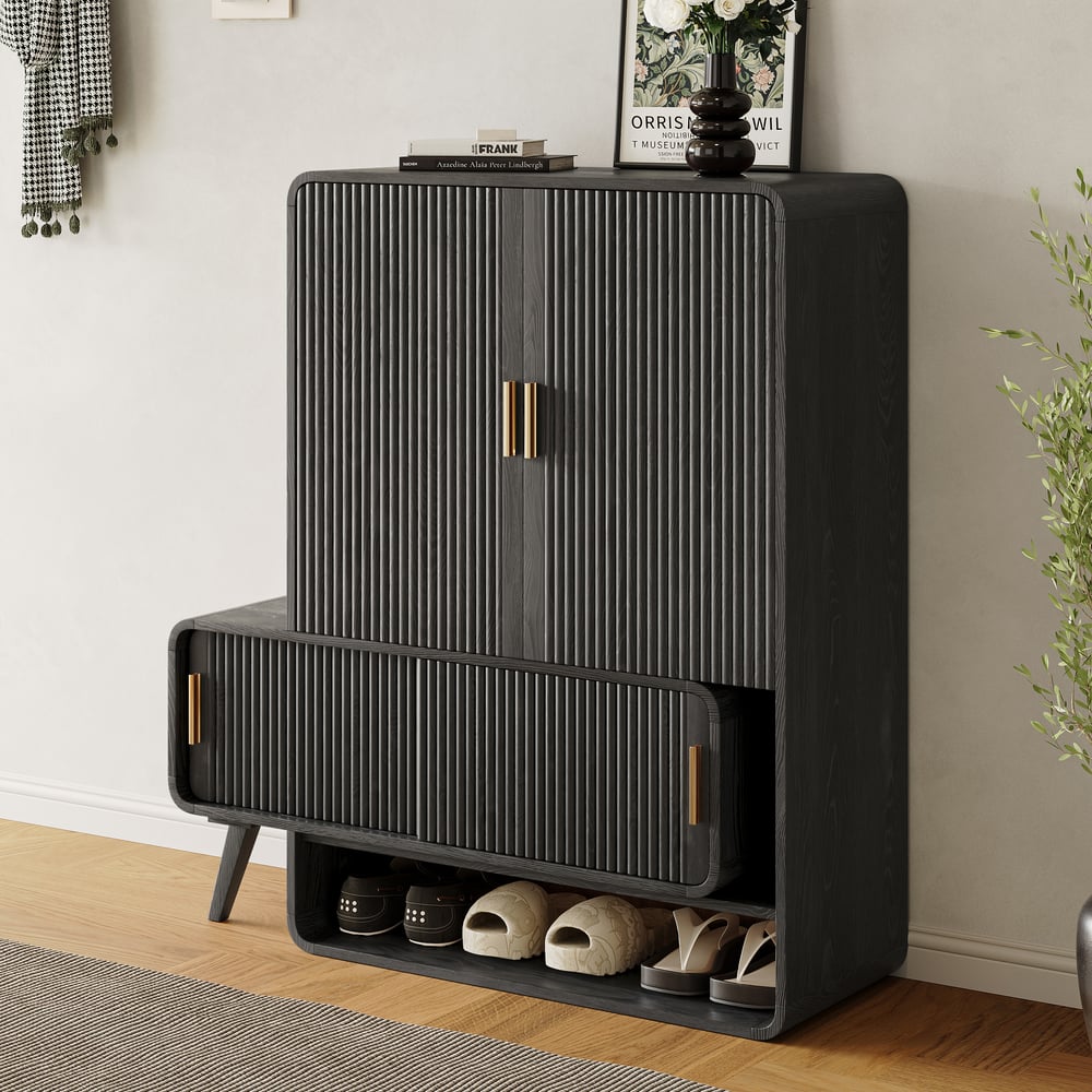 Meuble d'entrée cannelé en placage de bois de frêne de 37 pouces avec rangement pour chaussures, main gauche image de fenêtre