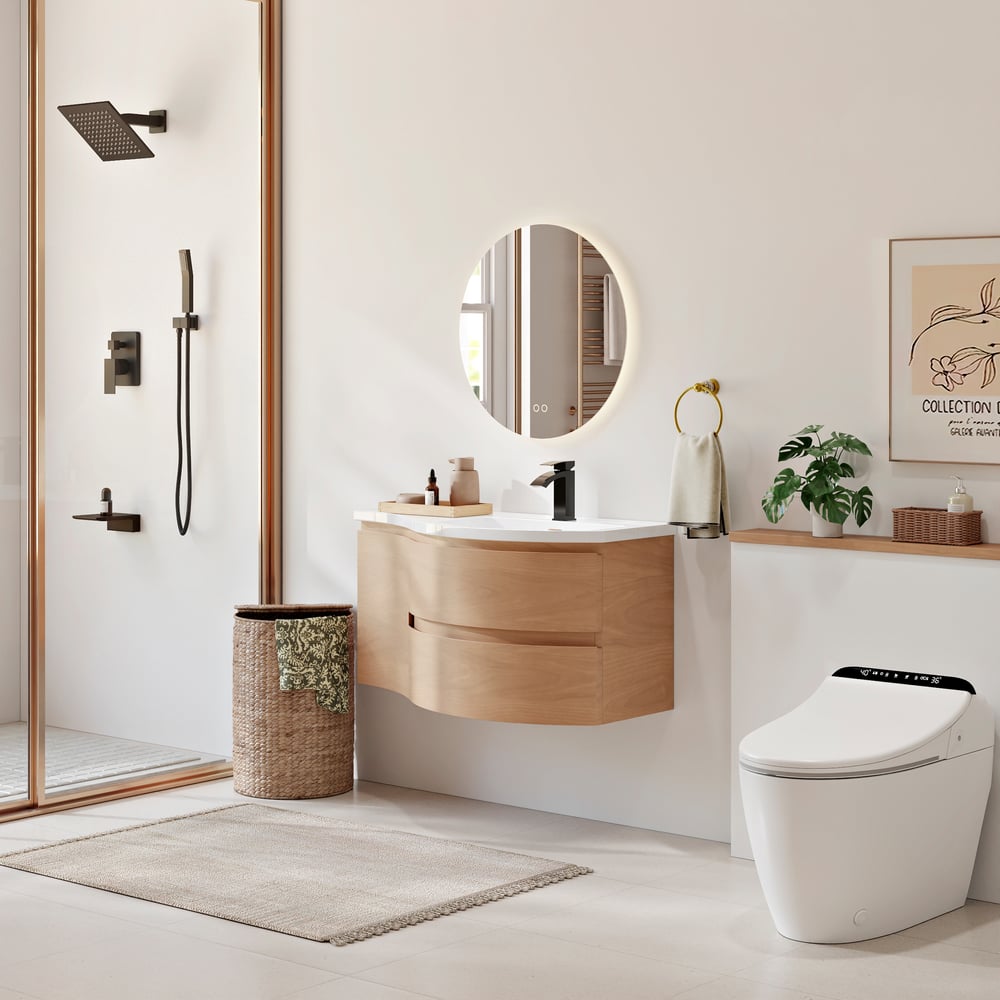35" Floating Single Curved Bathroom Vanity with Sink & Storage window image