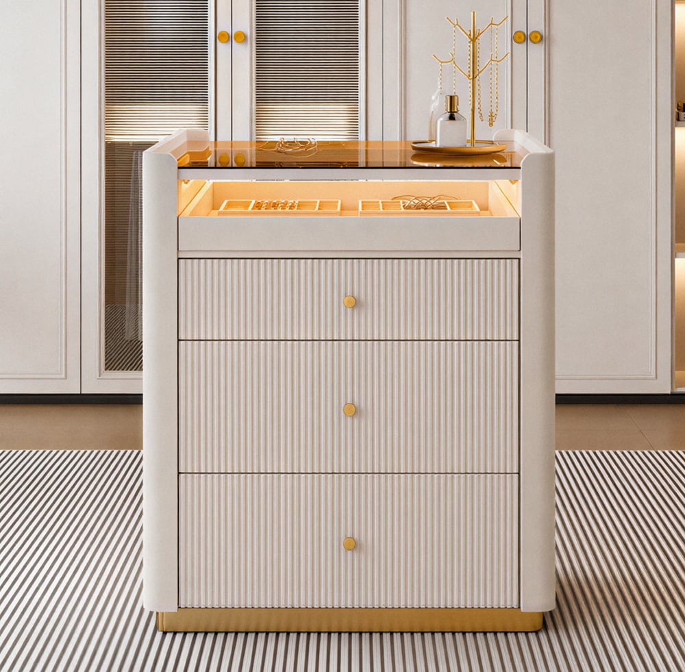 Îlot de placard moderne de 29,5" en cuir cannelé, commode à 7 tiroirs avec éclairage et rangement pour bijoux image de fenêtre