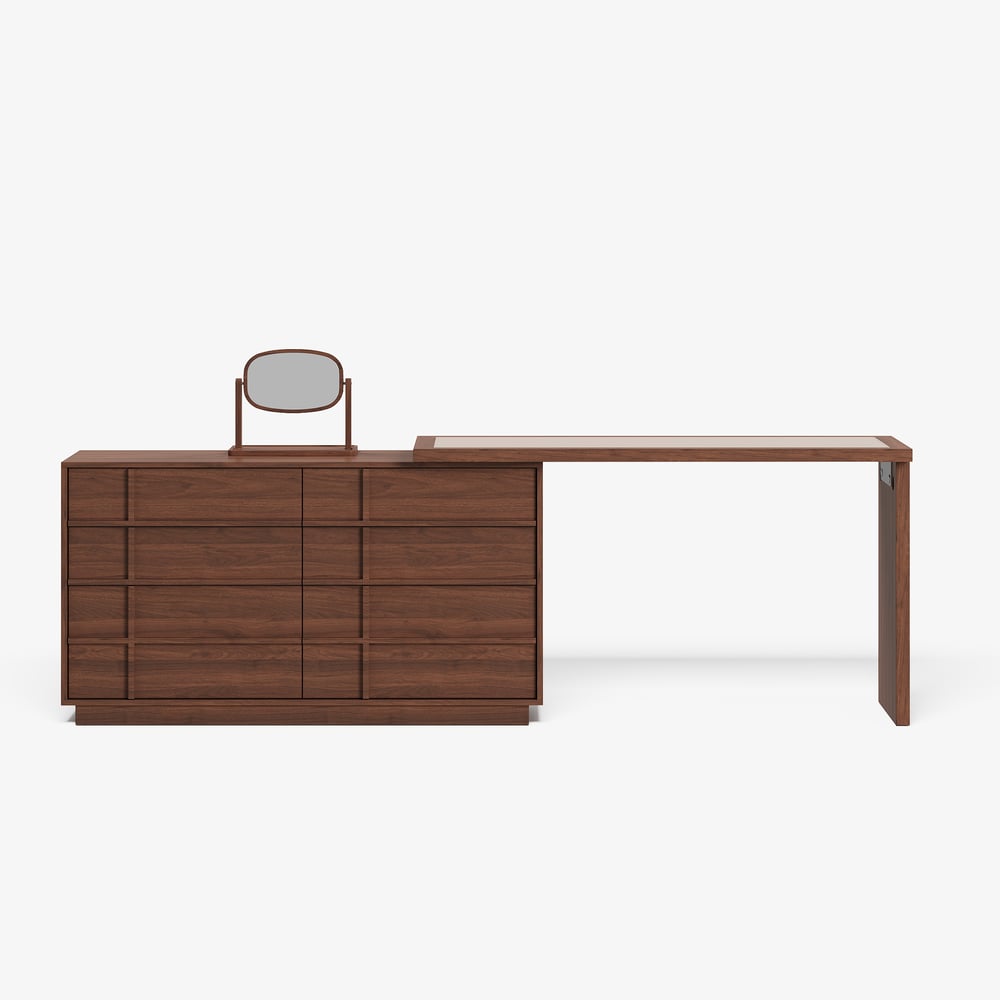 Panvyr Wooden Extendable L-Shaped Makeup Vanity Dresser with Vanity Mirror (49"–94") window image
