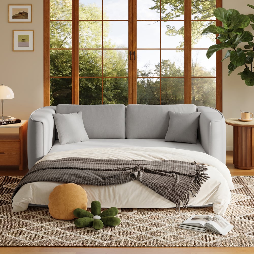 80" Queen 3-Seater Chenille Fold-Down Sleeper Sofa with Removable Cover window image