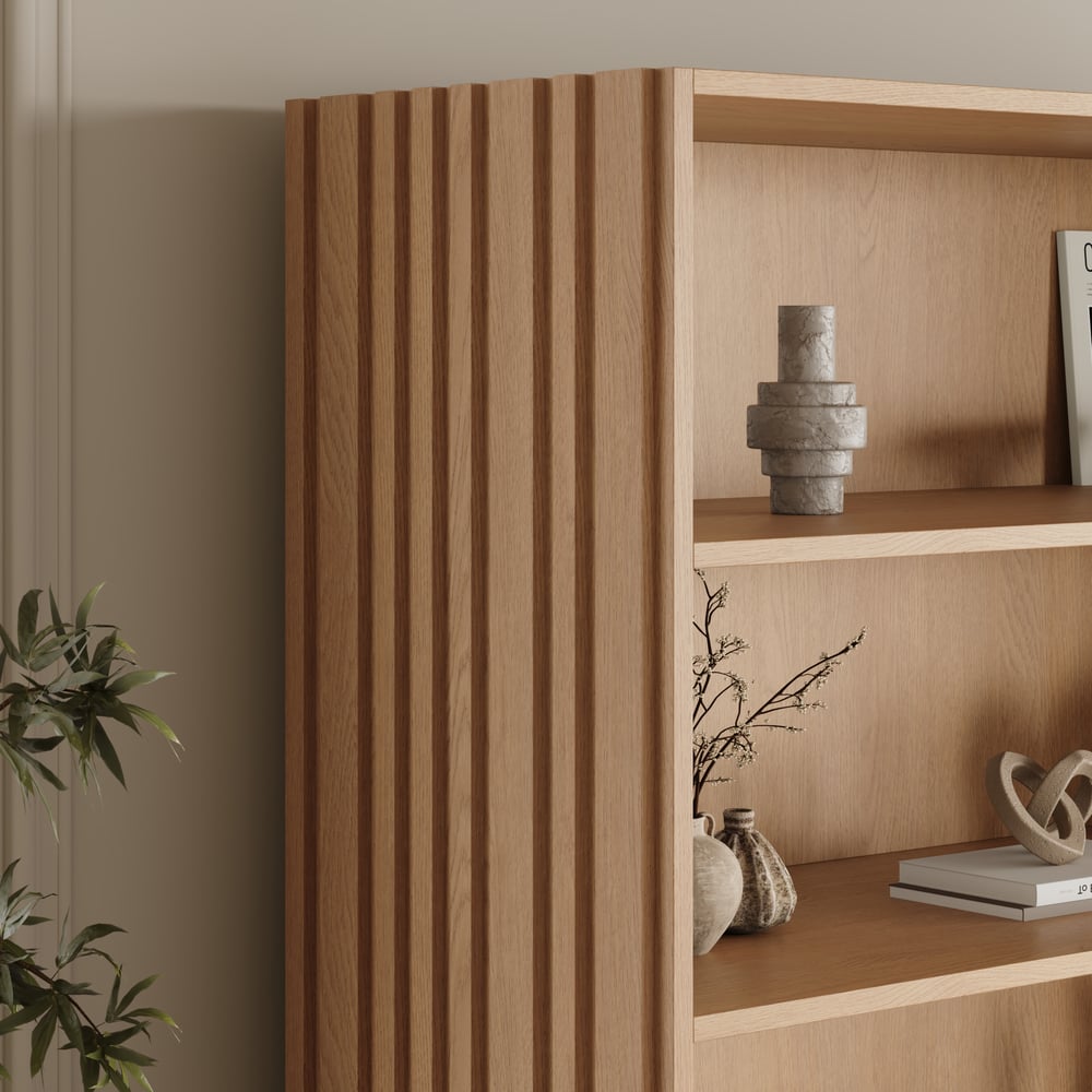 Aura 120cm Boekenkast van Essenhout met Gegroefde Details en Blad van Sintersteen Vensterafbeelding