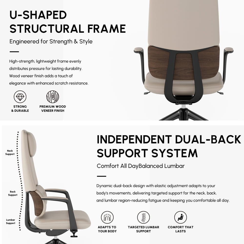 Ergonomic Grey Genuine Leather High Back Reclining Swivel Office Desk Chair window image