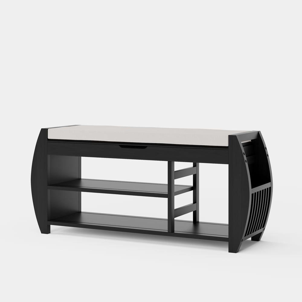 Banco zapatero de entrada de madera maciza negra de 40 pulgadas con estante para zapatos Imagen de ventana