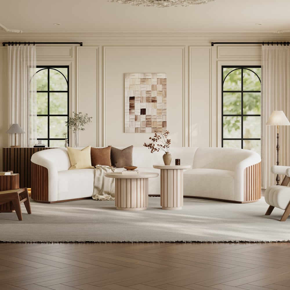 Aura 2 Piece Set Ash Wood Slatted  Round Coffee Table with Sintered Stone Top(20" - 28") window image