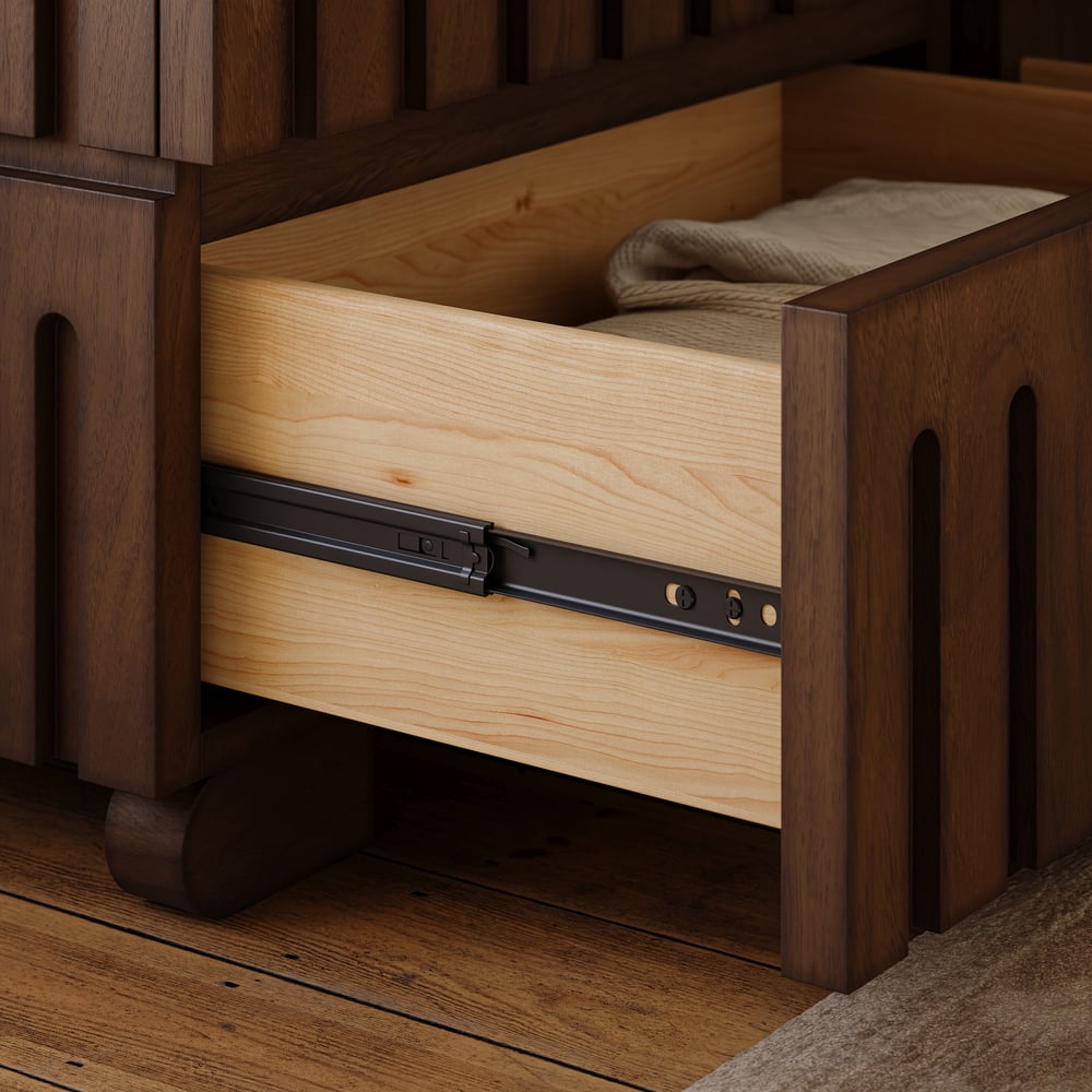 Commode moderne de 47 po en bois de frêne à 6 tiroirs avec dessus en pierre frittée imitation travertin image de fenêtre