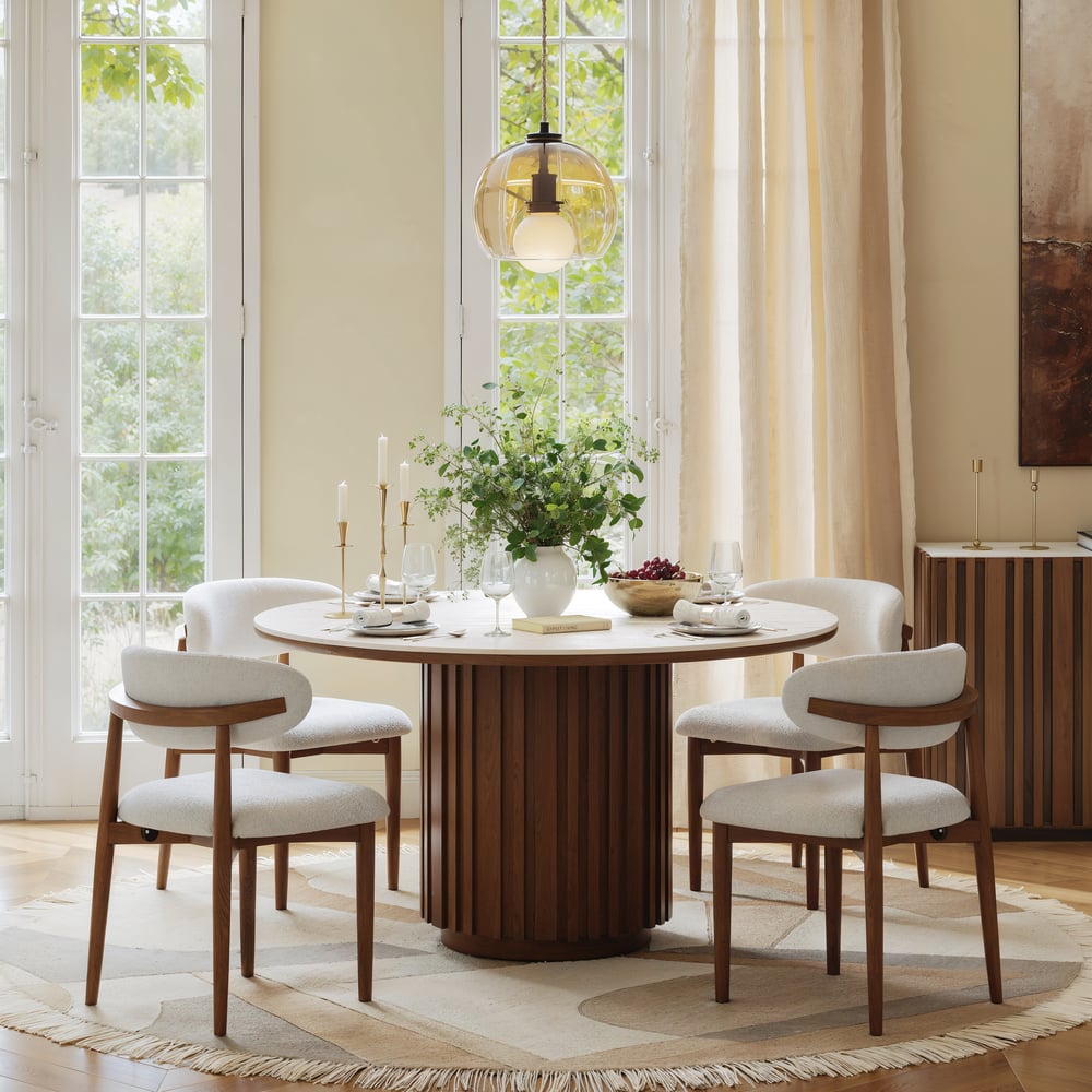 Aura 47" Faux Travertine Round Dining Table with Sintered Stone Top, Seats 4 window image