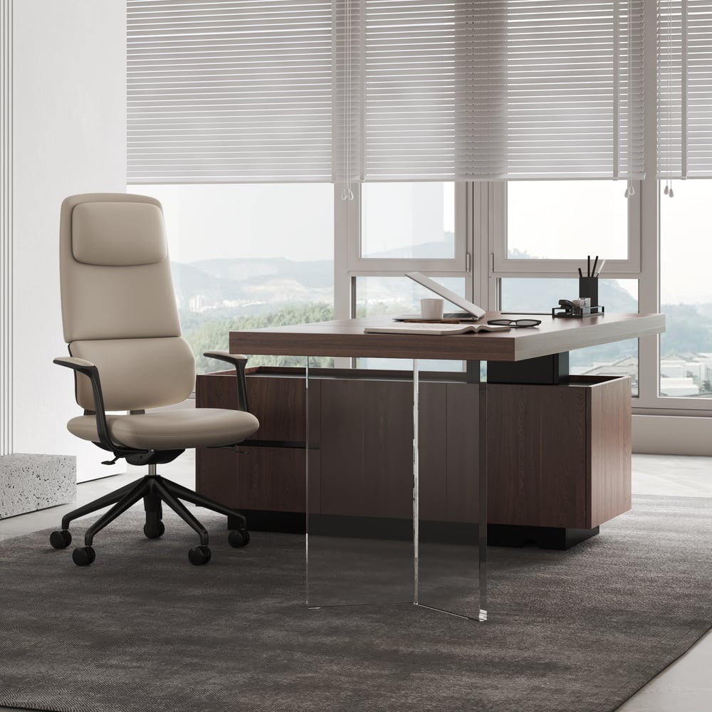 Ergonomic Grey Genuine Leather High Back Reclining Swivel Office Desk Chair window image