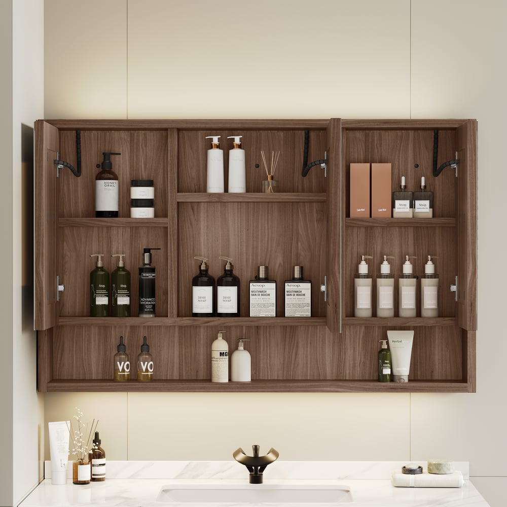 39" Walnut LED Medicine Cabinet with Adjustable Lighting, Demister and Digital Clock window image