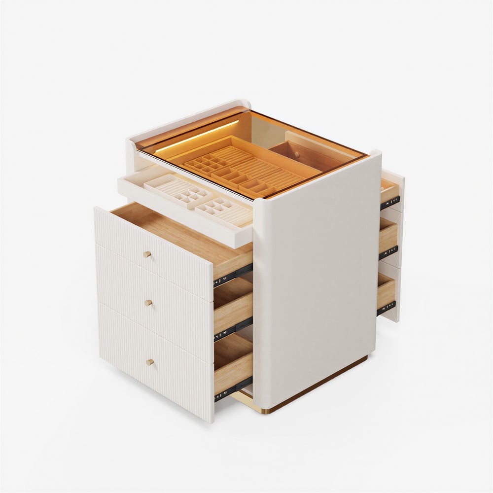 Îlot de placard moderne de 29,5" en cuir cannelé, commode à 7 tiroirs avec éclairage et rangement pour bijoux image de fenêtre