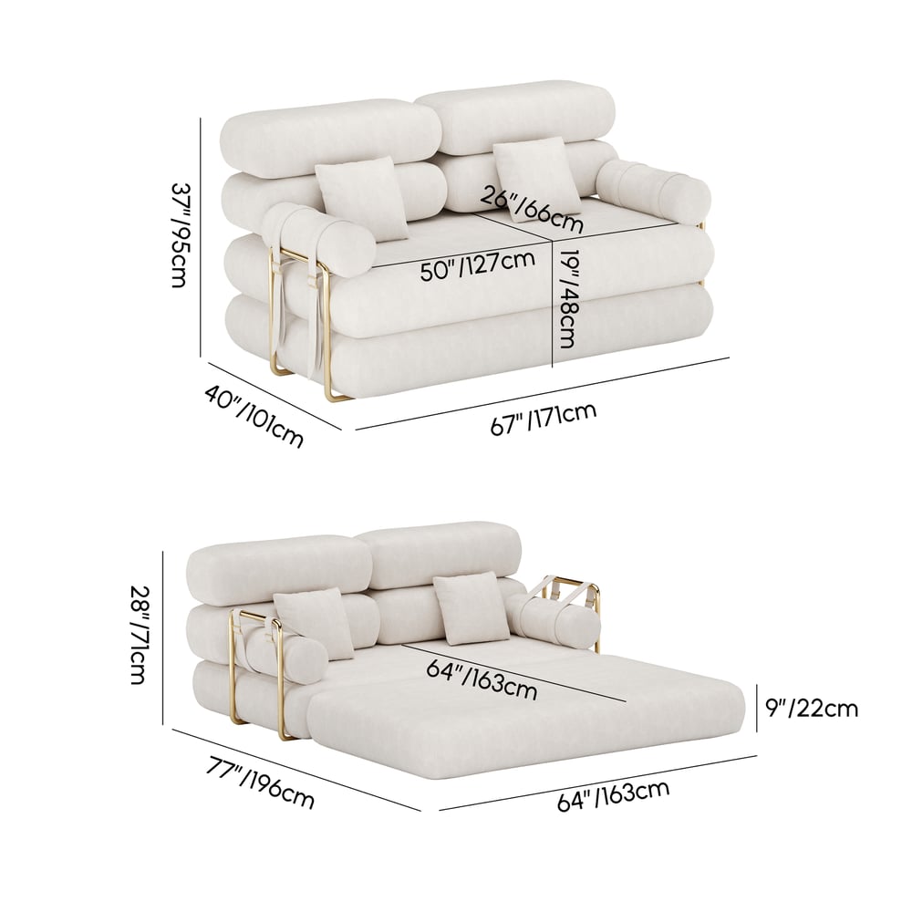 67" White Velvet Queen Size Futon Sofa Bed 4 in 1 Sofa Lounge Bed weights dimensions image
