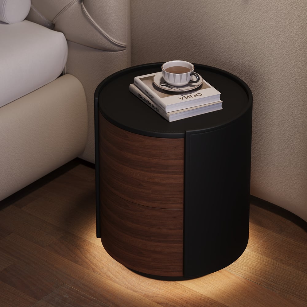 Modern Black Saddle Leather 2-Drawer Nightstand with Charging Station & Light window image