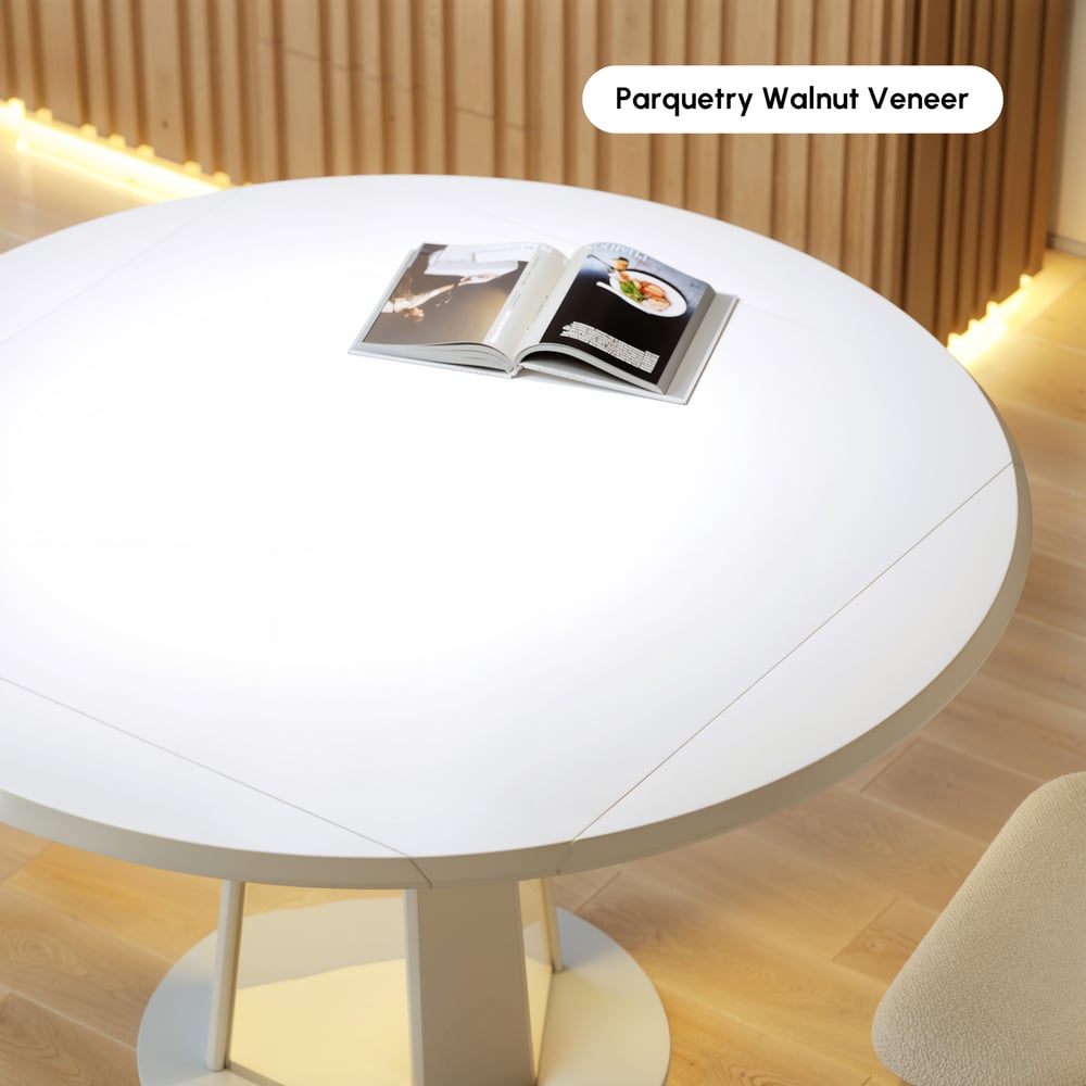 36"-47" Solid Matte Warm White Wood Extendable Dining Table with Light window image