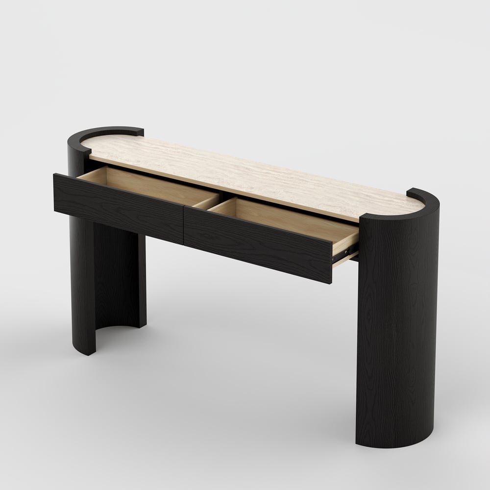 Console ovale Japandi de 60 pouces en pierre frittée avec 2 tiroirs image de fenêtre
