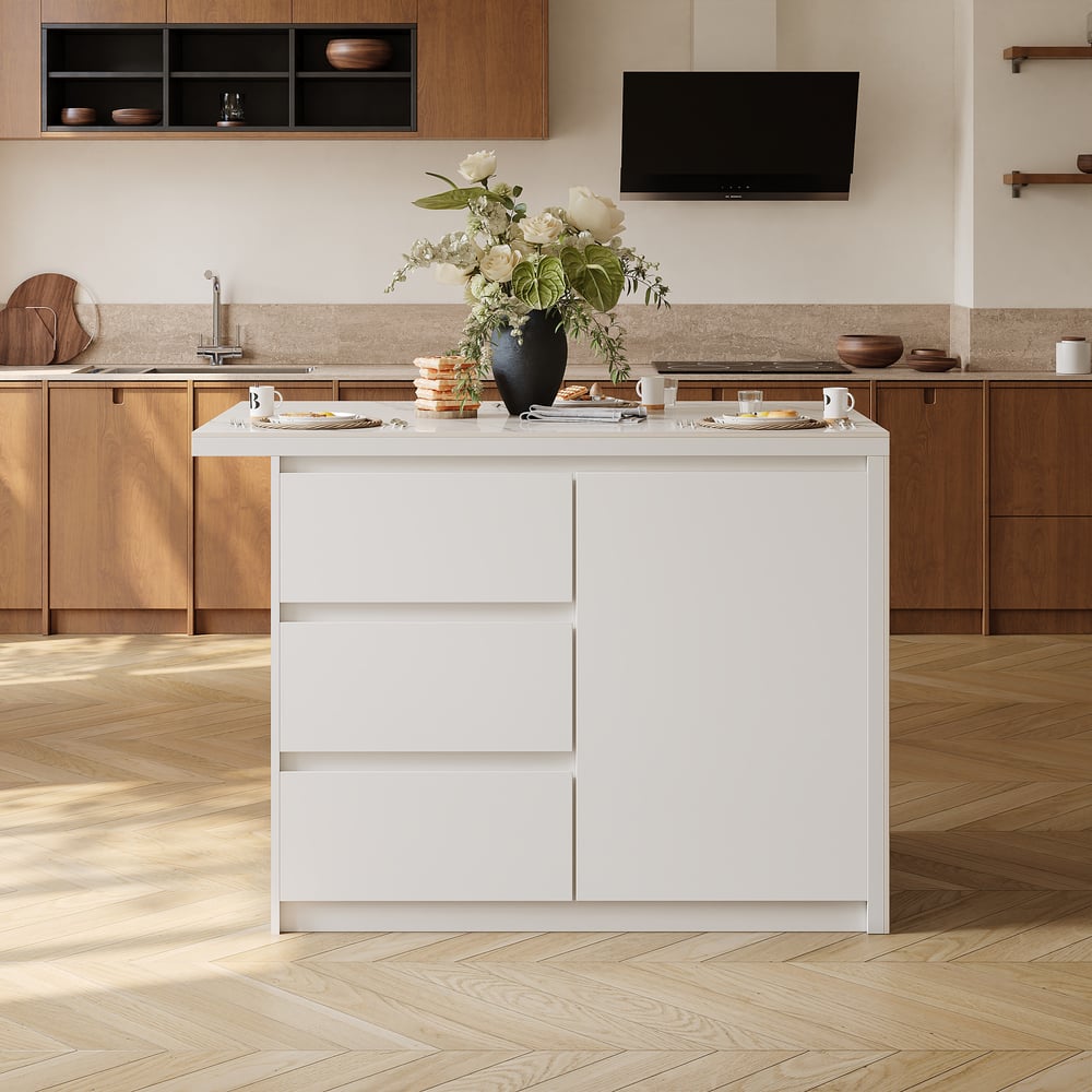 Modern 1270mm Glossy Sintered Stone Kitchen Island with Storage, White window image