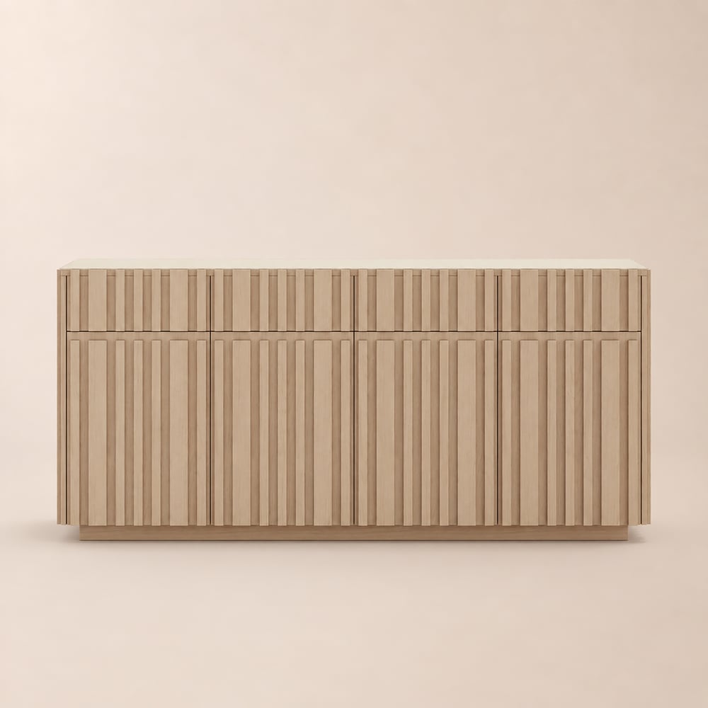 Aura 65" Ash Wood Slatted Natural TV Stand with Sintered Stone Top window image