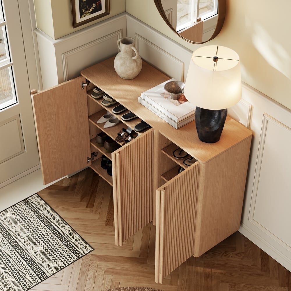 Lineva 48" Ash Wood Veneer Shoe Storage Fluted Entryway Cabinet window image