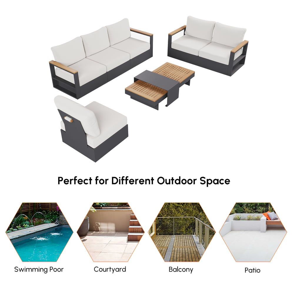 Tevara 6-Person Outdoor Sofa Set with Wood & Aluminum Frame, Dark Gray & Warm White window image
