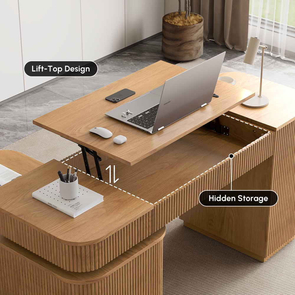 Velign 65" L-Shape Natural Executive Desk with Right-Side Cabinet window image
