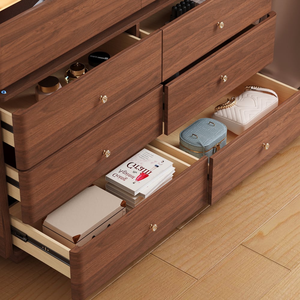 Modern 47" Tempered Glass Top 8-Drawer White Dresser with LED & Jewelry Trays window image